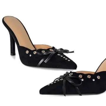 DOEYG Studded Heeled Mules for Women Suede Vintage Stiletto Heels Pointy Slip on Bow Tie Pumps Shoes Backless Mid Heels Dress Party Slide Heeled Sandals for Women