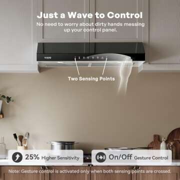VIKIO HOME Range Hood 30 Inch Under Cabinet, 900 CFM Ducted Vent with 3-Speed Fan, Black Stainless Steel and Tempered Glass, Gesture Sensing and Touch Control