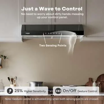 VIKIO HOME Range Hood 30 Inch Under Cabinet, 900 CFM Ducted Vent with 3-Speed Fan, Black Stainless Steel and Tempered Glass, Gesture Sensing and Touch Control