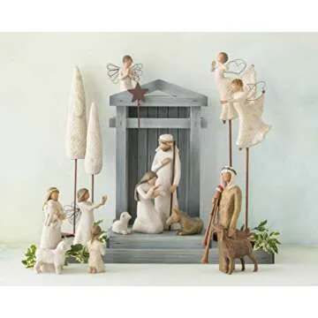 Willow Tree Cypress Trees, Rooted in The Earth, Reaching Toward The Sky, Majestic Cypress Trees, Uniquely Carved Symbols of Nature with Gold Leaf Sculpted Hand-Painted Nativity, 2-Piece Accessory Set