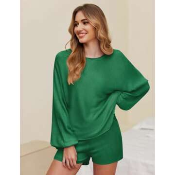 Ekouaer Knit Pajamas Set for Women Lounge Sets 2 Piece Long Sleeve Top and Shorts Pj Soft Sleepwear Cute Sweater Outfits Green S