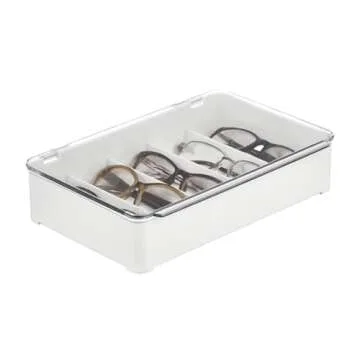 mDesign Plastic Stackable Eyeglass Case Storage Organizer with Hinged Lid for Unisex Sunglasses, Reading Glasses, Fashion Eye Wear, Protective Glasses, 5 Sections, Ligne Collection - 2 Pack - White