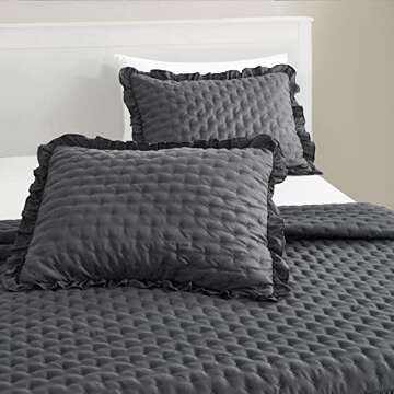 CHIXIN Ruffle Skirt Bedspread King Size - 30" Long Drop, Shabby Chic & Farmhouse Style, Soft and Lightweight Bedding Cover, 3 Piece Set, Dark Grey