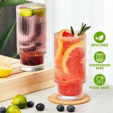 Qipecedm 6 Pack Ribbed Drinking Glasses, 16 oz Vintage Glass Cups, Highball Glasses, Premium Iced Coffee Glasses, Clear Glass Tumbler, Cocktail Glasses, Elegant Glassware for Water Juice Whiskey Beer