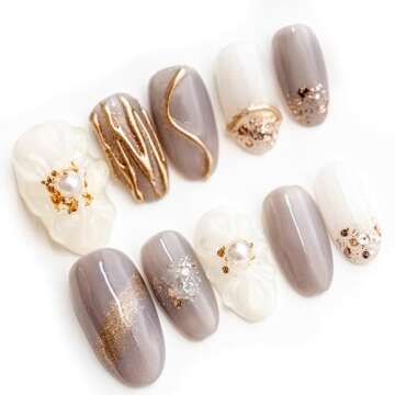 Sun&Beam Nails Handmade Press On Nail Medium Long Coffin Ballerina Grey Golden Flower Pearl Fake Tip...