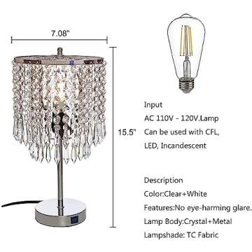 Popity home Crystal Table Lamp with Touch Control,Silver Lamp with Dual USB Charging Ports, 3 Way Dimmable Small Glam Lamp for Girls Bedroom, Living Room…