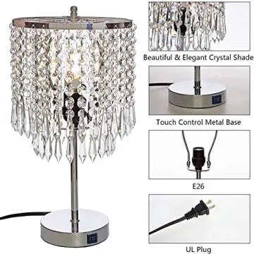 Popity home Crystal Table Lamp with Touch Control,Silver Lamp with Dual USB Charging Ports, 3 Way Dimmable Small Glam Lamp for Girls Bedroom, Living Room…