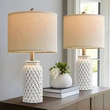 USumkky 20.5" White Modern Ceramic Bedside Lamp Set of 2 for Bedroom Decor Farmhouse Table Lamp for Living Room Office Dorm