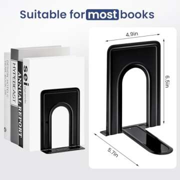HappyHapi Book Ends, Book Ends Metal Bookends for Shelves,14 Pcs Book End to Hold Books Heavy Duty,Black Non-Skid Bookend,Book Holder Stopper for Shelf Office Home,6.5 x 5.7 x 4.9(7 Pairs, Large)