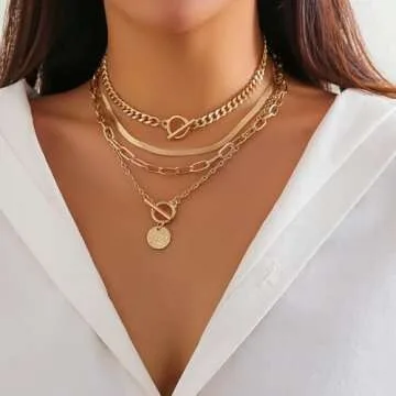 4Pcs Layered Gold Choker Necklace Sets for Women Retro Coin Dainty Snake Chain Toggle Clasp Necklace