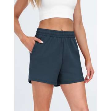 AUTOMET Womens Sweat Shorts Casual Summer Drawstring Comfy Elastic High Waist Running Clothes with Pockets Navy L