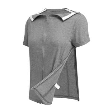 Deyeek Mastectomy Shirts with Drain Pockets Post Shoulder Surgery Shirts for Women Chemo Port Shirts for Women with Zippers Grey