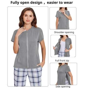 Deyeek Mastectomy Shirts with Drain Pockets Post Shoulder Surgery Shirts for Women Chemo Port Shirts for Women with Zippers Grey