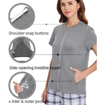 Deyeek Mastectomy Shirts with Drain Pockets Post Shoulder Surgery Shirts for Women Chemo Port Shirts for Women with Zippers Grey