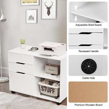 Sweetcrispy 3-Drawer File Cabinet, Lateral Mobile Filing Cabinet Wood Under Desk Storage Organizer with Wheels, Printer Stand & Open Shelves for Home Office Organization - White