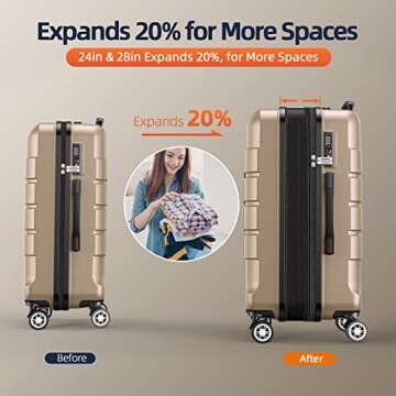 SHOWKOO Luggage Sets Expandable PC+ABS Durable Suitcase Double Wheels TSA Lock 3pcs, Champagne