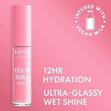 NYX PROFESSIONAL MAKEUP This Is Milky Gloss, Vegan Lip Gloss, 12 Hour Hydration - Milk It Pink (Shee...