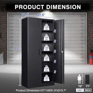 BYNSOE Metal Garage Storage Cabinet with Lock and 5 Adjustable Shelves, Metal Storage Cabinet Steel Tool Cabinets with Locking Door for Home, School, Office, Garage (Black-Style 2)