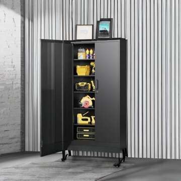 BYNSOE Metal Garage Storage Cabinet with Lock and 5 Adjustable Shelves, Metal Storage Cabinet Steel Tool Cabinets with Locking Door for Home, School, Office, Garage (Black-Style 2)