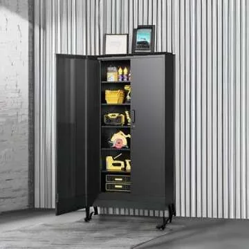 BYNSOE Metal Garage Storage Cabinet with Lock and 5 Adjustable Shelves, Metal Storage Cabinet Steel Tool Cabinets with Locking Door for Home, School, Office, Garage (Black-Style 2)