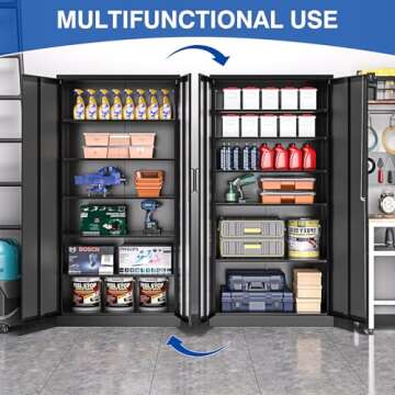 BYNSOE Metal Garage Storage Cabinet with Lock and 5 Adjustable Shelves, Metal Storage Cabinet Steel Tool Cabinets with Locking Door for Home, School, Office, Garage (Black-Style 2)