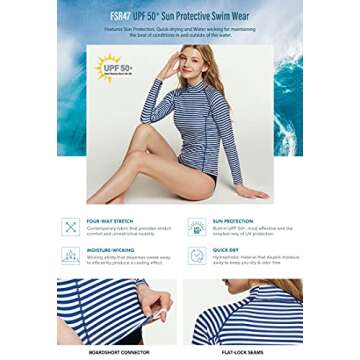 TSLA Women's UPF 50+ Rash Guard Long Sleeve, UV/Sun Protection Swim Shirts, Water Beach Surf Swim Top, Slim Fit Print Stripe Navy, X-Small