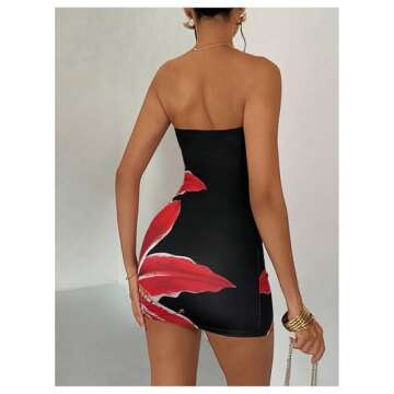 Floerns Women's Flower Print Strapless Tube Dress Sleeveless Bodycon Mini Dress Black Petite-XS