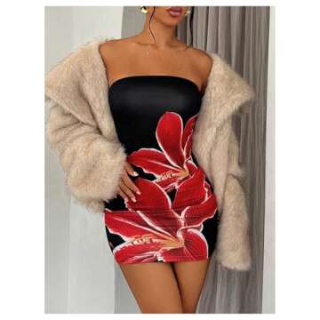 Floerns Women's Flower Print Strapless Tube Dress Sleeveless Bodycon Mini Dress Black Petite-XS