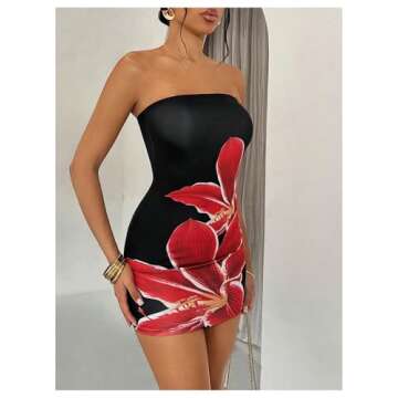 Floerns Women's Flower Print Strapless Tube Dress Sleeveless Bodycon Mini Dress Black Petite-XS