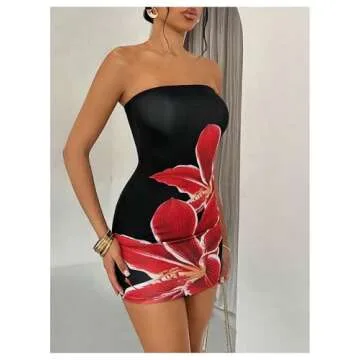 Floerns Women's Flower Print Strapless Tube Dress Sleeveless Bodycon Mini Dress Black Petite-XS
