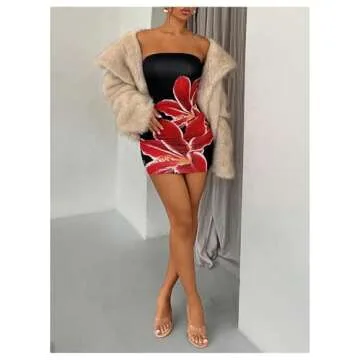 Floerns Women's Flower Print Strapless Tube Dress Sleeveless Bodycon Mini Dress Black Petite-XS