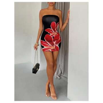 Floerns Women's Flower Print Strapless Tube Dress Sleeveless Bodycon Mini Dress Black Petite-XS