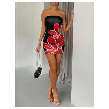 Floerns Women's Flower Print Strapless Tube Dress Sleeveless Bodycon Mini Dress Black Petite-XS