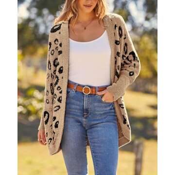 BTFBM Women Fashion Leopard Print Long Sleeve Sweater Cardigan Loose Knit Open Front Fall Winter Out...