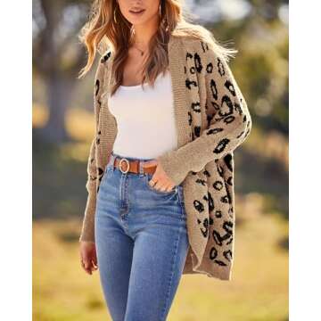 BTFBM Women Fashion Leopard Print Long Sleeve Sweater Cardigan Loose Knit Open Front Fall Winter Outwear Coats(Leopard Khaki, Small)