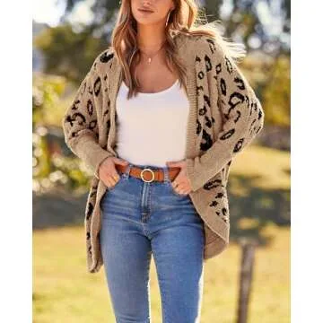 BTFBM Women Fashion Leopard Print Long Sleeve Sweater Cardigan Loose Knit Open Front Fall Winter Outwear Coats(Leopard Khaki, Small)