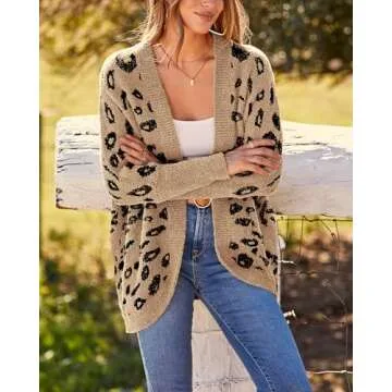 BTFBM Women Fashion Leopard Print Long Sleeve Sweater Cardigan Loose Knit Open Front Fall Winter Outwear Coats(Leopard Khaki, Small)