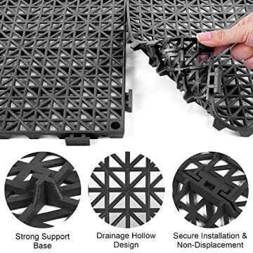 MYFAMIREA Modular Interlocking Cushion 12 Pack 11.8" x 11.8" Rubber Floor Tiles Non-Slip Splicing Drainage Mats for Deck, Pool, Outdoor Shower, Patio, Balcony, Indoor Bathroom, Kitchen, Yard (Black)