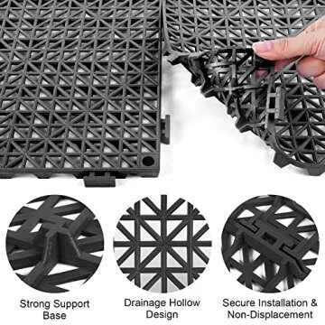 MYFAMIREA Modular Interlocking Cushion 12 Pack 11.8" x 11.8" Rubber Floor Tiles Non-Slip Splicing Drainage Mats for Deck, Pool, Outdoor Shower, Patio, Balcony, Indoor Bathroom, Kitchen, Yard (Black)