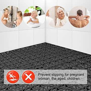 MYFAMIREA Modular Interlocking Cushion 12 Pack 11.8" x 11.8" Rubber Floor Tiles Non-Slip Splicing Drainage Mats for Deck, Pool, Outdoor Shower, Patio, Balcony, Indoor Bathroom, Kitchen, Yard (Black)