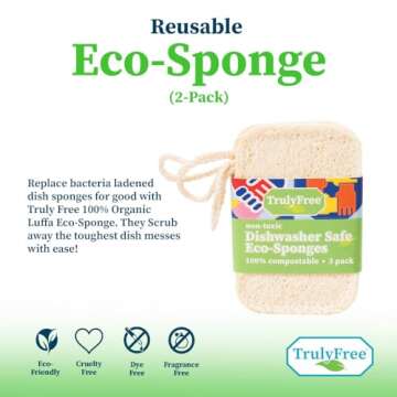 Truly Free Natural Cleaning Sponges, 100% Organic Luffa Dish Scrubber, Plant-Based Compostable Kitchen Dishwasher Sponge, Cleans Sink, Grout & Tile, Non Scratch Scouring Pad - 4.4 x 2.8 in, Pack of 3