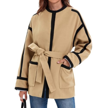 Cicy Bell Womens Belted Wool Jacket Trendy Contrast Trim Peacoat Open Front 2024 Fall Trench Coat