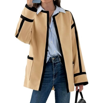 Cicy Bell Womens Belted Wool Jacket Trendy Contrast Trim Peacoat Open Front 2024 Fall Trench Coat