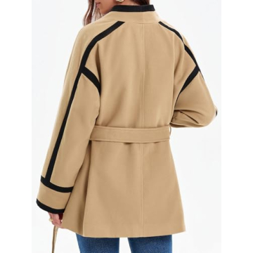 Cicy Bell Womens Belted Wool Jacket Trendy Contrast Trim Peacoat Open Front 2024 Fall Trench Coat
