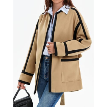 Cicy Bell Womens Belted Wool Jacket Trendy Contrast Trim Peacoat Open Front 2024 Fall Trench Coat