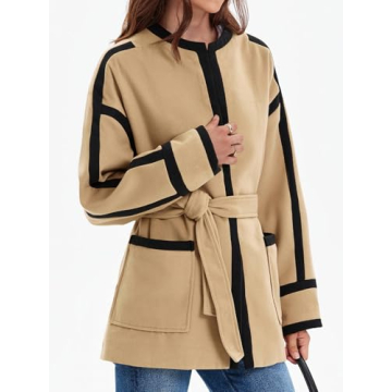 Cicy Bell Womens Belted Wool Jacket Trendy Contrast Trim Peacoat Open Front 2024 Fall Trench Coat