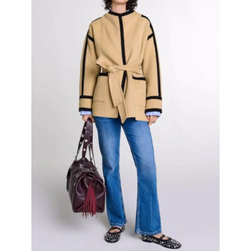 Cicy Bell Womens Belted Wool Jacket Trendy Contrast Trim Peacoat Open Front 2024 Fall Trench Coat