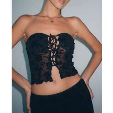Women Y2k Lace Trim Tube Tops Off Shoulder Stretchy Crop Top Sleeveless Open Back Tube Top 00s Fairy Grunge Outfit T-Black