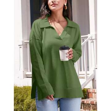 LILLUSORY Oversized Sweaters for Women 2024 Fall Trendy Sexy V Neck Collared Tunic Chunky Knit Long Sleeve Pullover Top Winter Outfits Cute Clothes Army Green L