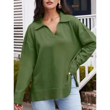 LILLUSORY Oversized Sweaters for Women 2024 Fall Trendy Sexy V Neck Collared Tunic Chunky Knit Long Sleeve Pullover Top Winter Outfits Cute Clothes Army Green L